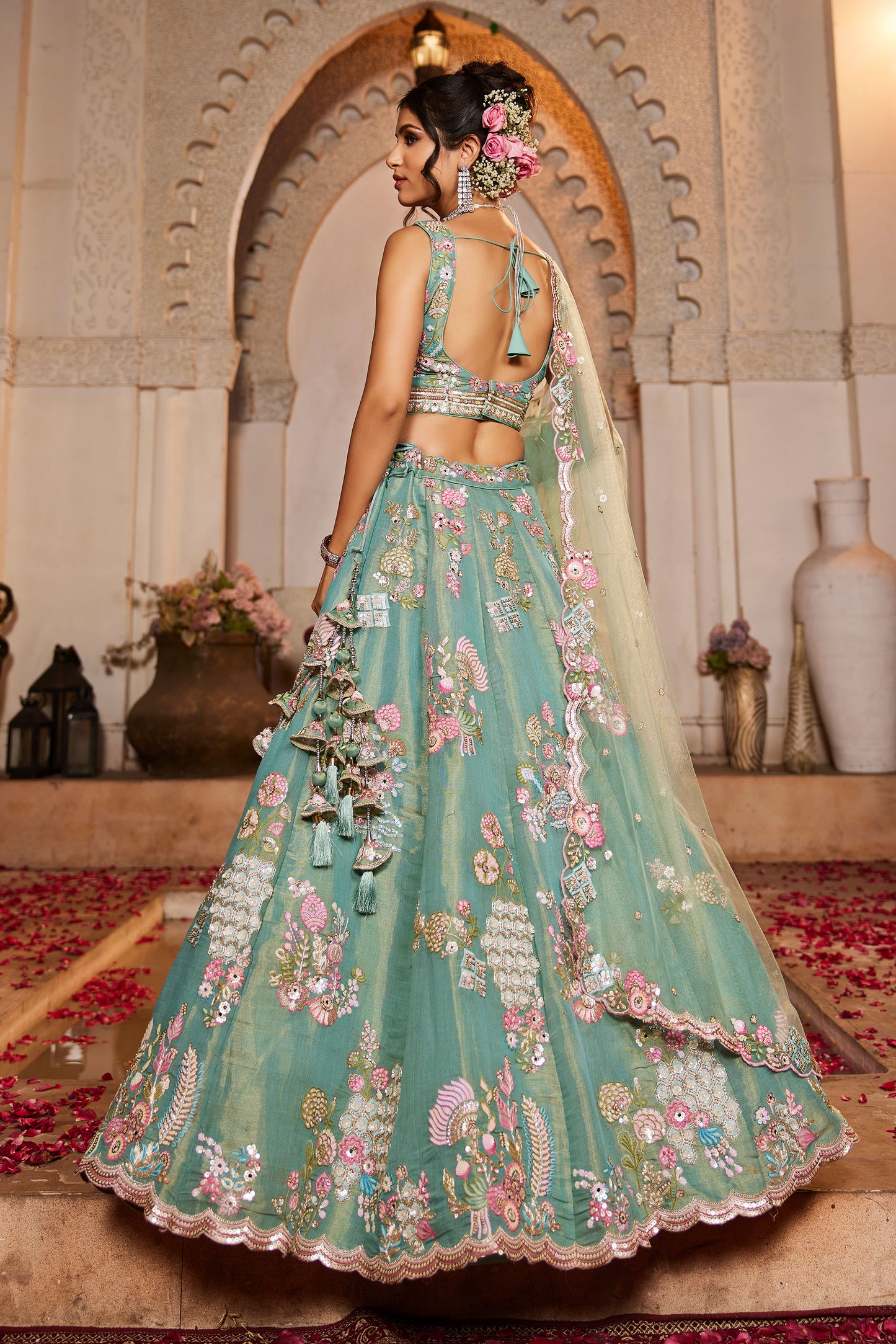Sea Green Net Sequins embroidery Lehenga choli & Dupatta