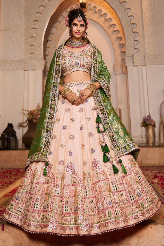 Peach tissue Mirror embroidery Lehenga choli & Dupatta