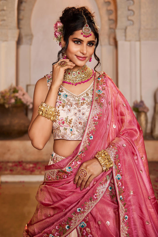 Pink Tissue Sequinse embroidery Lehenga choli & Dupatta