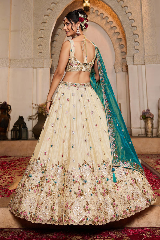 Teal Tissue Sequinse embroidery Lehenga choli & Dupatta