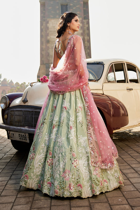 Lime green Satin Silk Sequins embroidery Lehenga choli & Dupatta