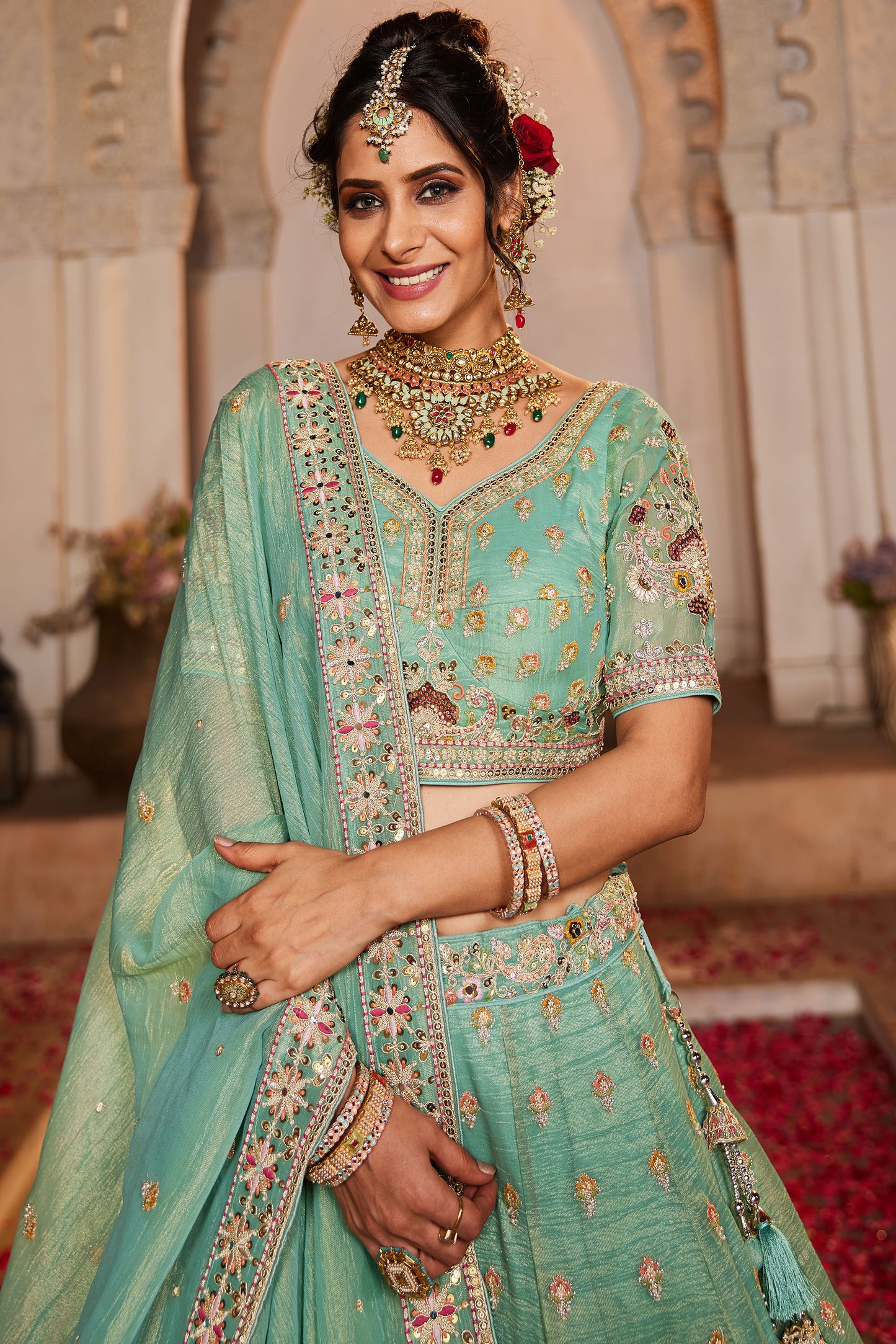 Lime green colour Tissue Sequins embroidery Lehenga choli & Dupatta