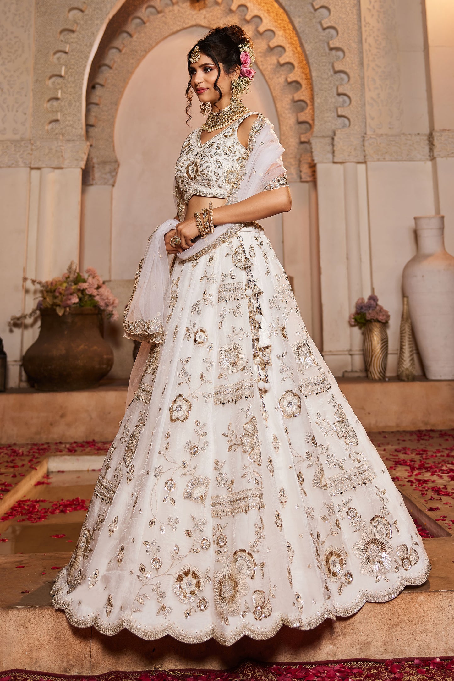 Off White Tissue Fabric Sequins embroidery Lehenga choli & Dupatta