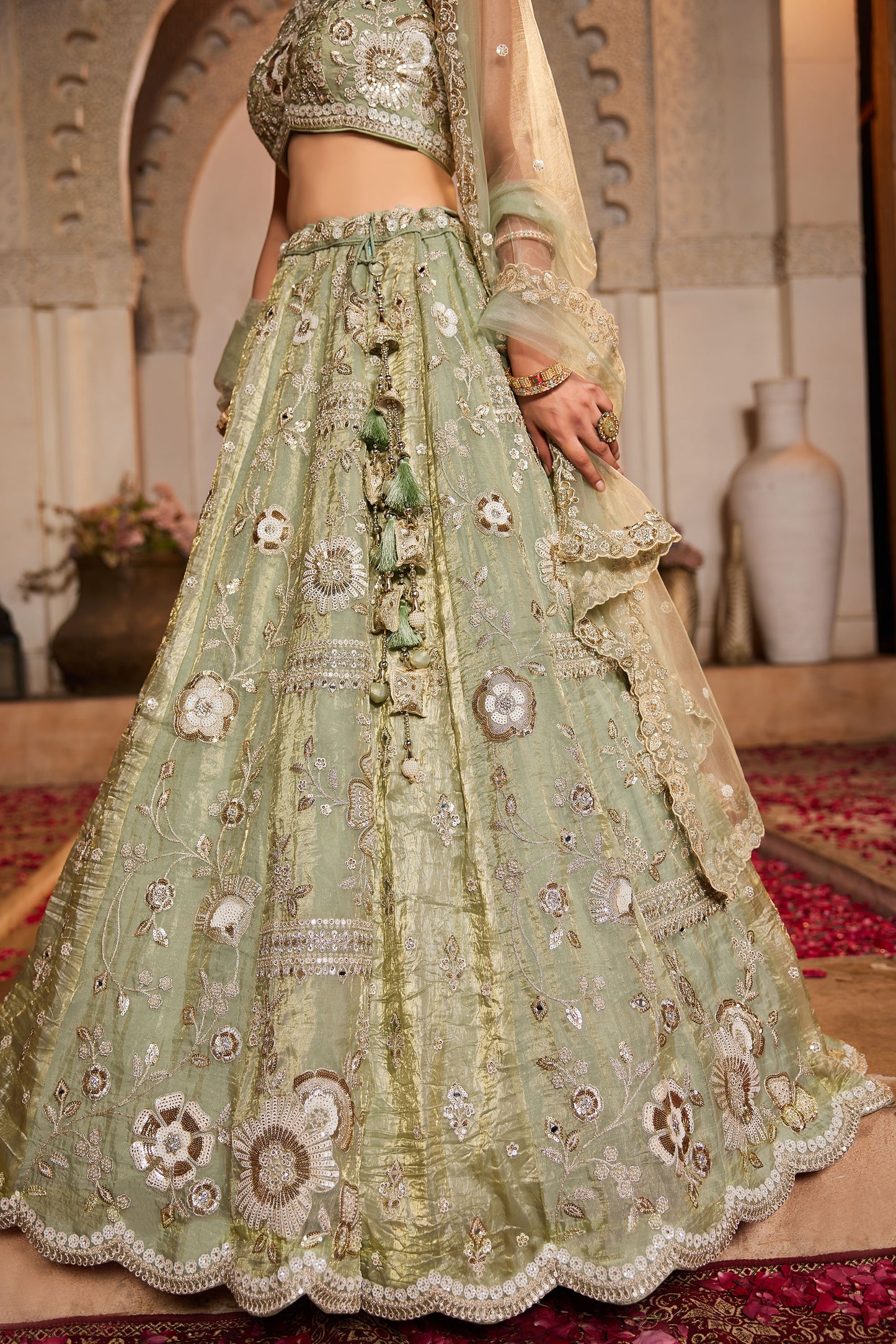 Lime Green Tissue Fabric Sequins embroidery Lehenga choli & Dupatta