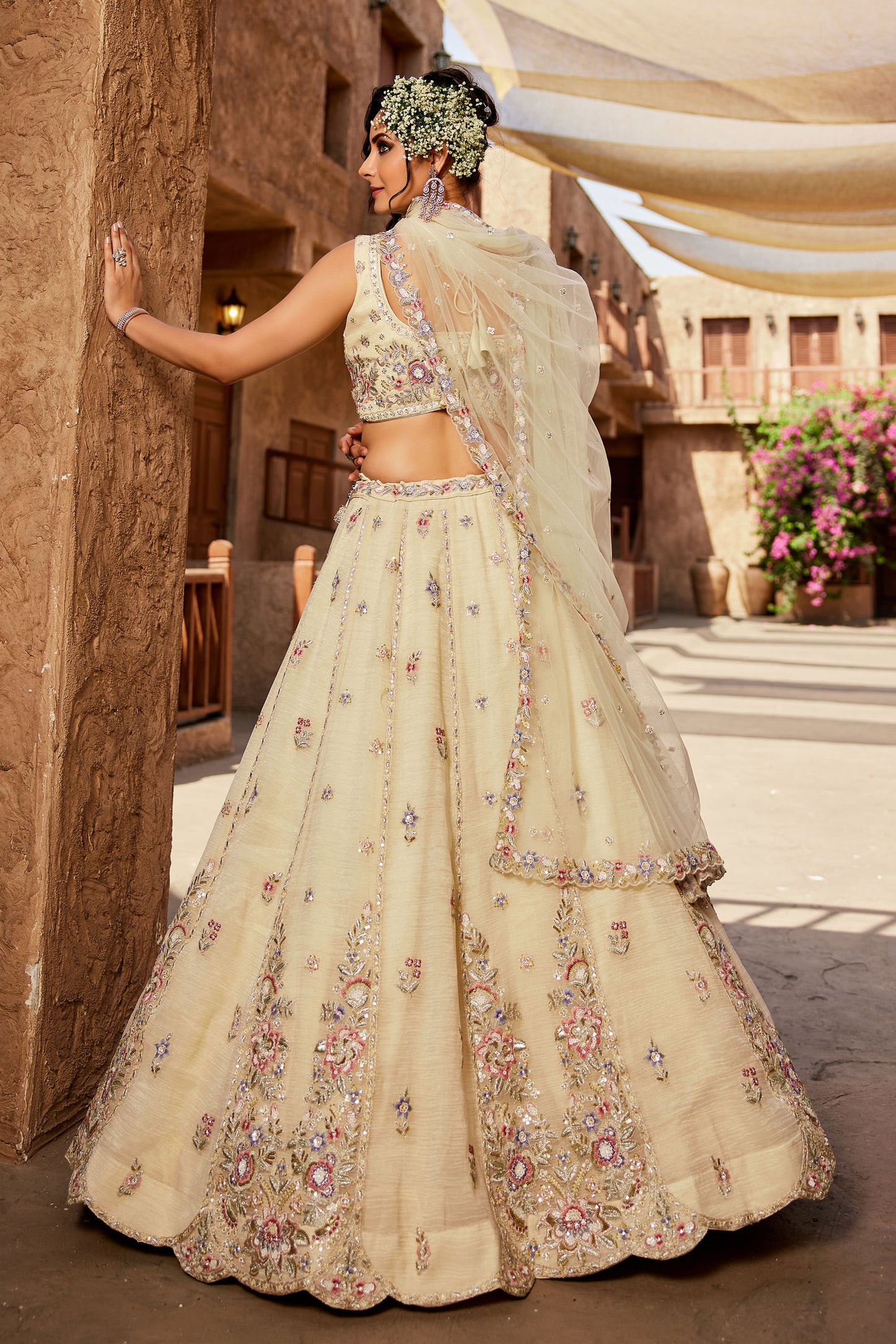 Cream colour Tissue Sequins embroidery Lehenga choli & Dupatta