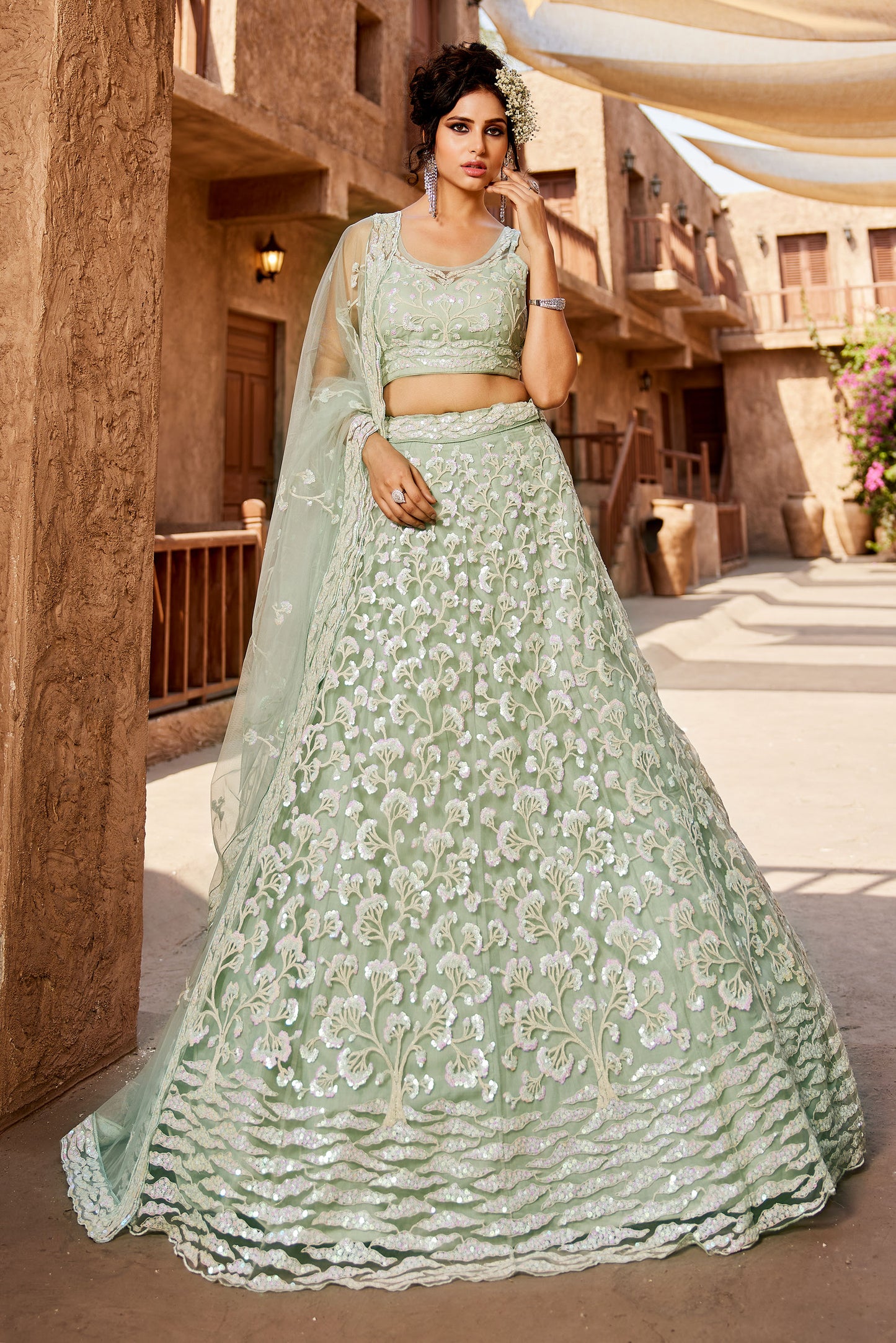 Lime Green Net Sequins embroidery Lehenga choli & Dupatta