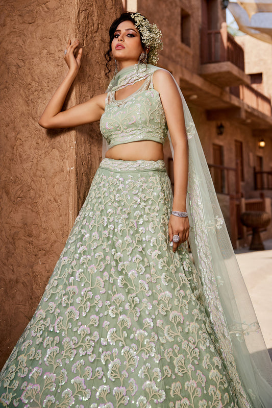 Lime Green Net Sequins embroidery Lehenga choli & Dupatta
