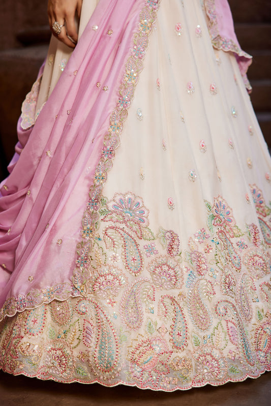 Cream Georgette Sequins embroidery Lehenga choli & Dupatta