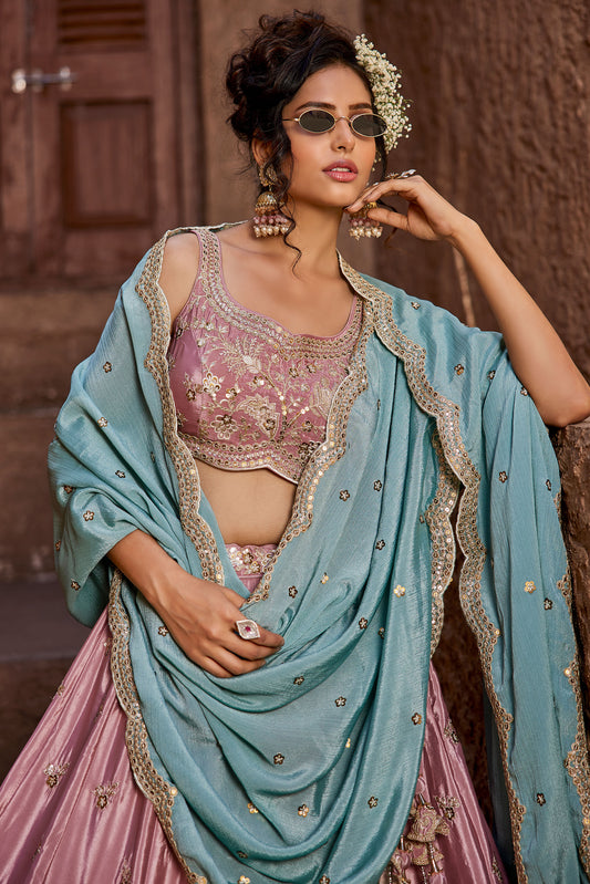 Pink Satin Silk Sequins embroidery Lehenga choli & Dupatta