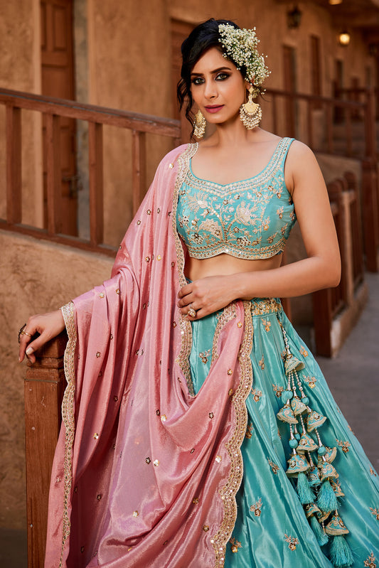 Turquoise blue Satin Silk Sequins embroidery Lehenga choli & Dupatta