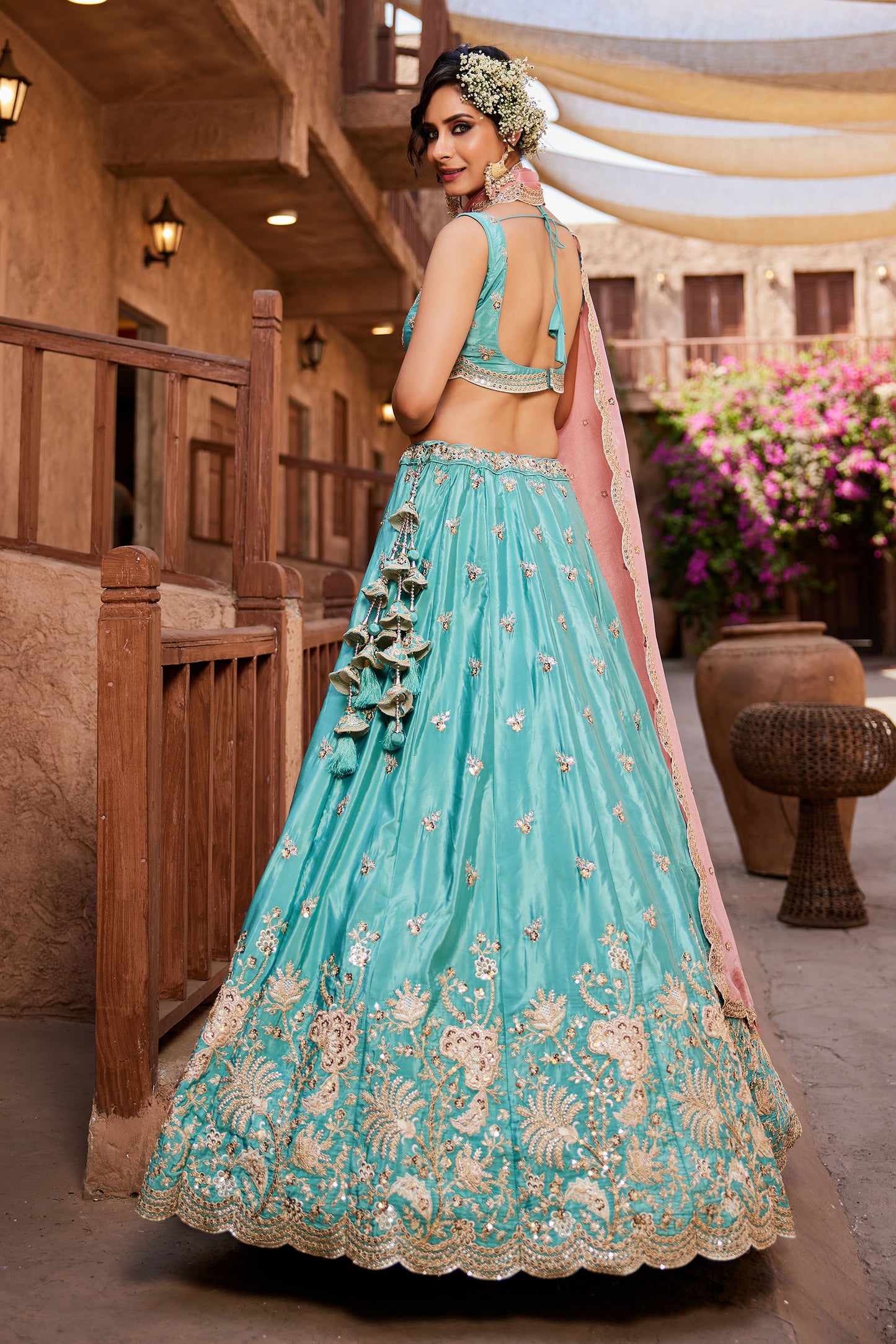 Turquoise blue Satin Silk Sequins embroidery Lehenga choli & Dupatta