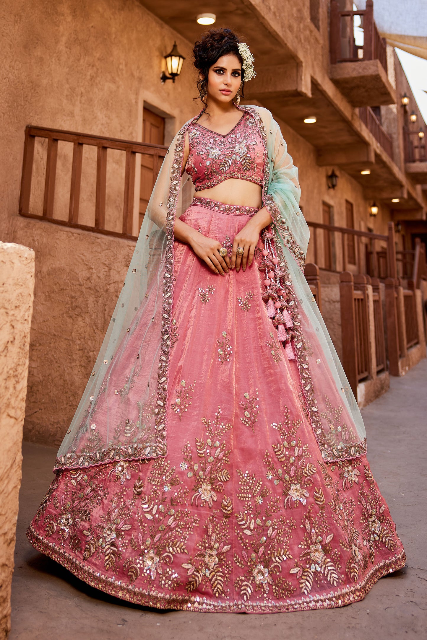 Pink Tissue Sequins embroidery Lehenga choli & Dupatta