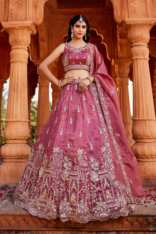 Pink Tissue Handwork cutdana embroidery Lehenga choli & Dupatta