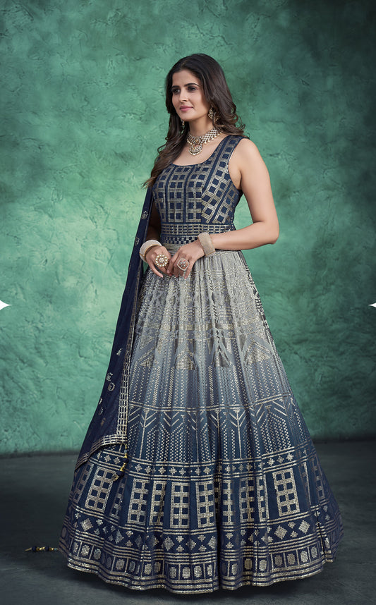 Navy Blue Resham Embroidery Faux Georgette Anarkali for Sangeet