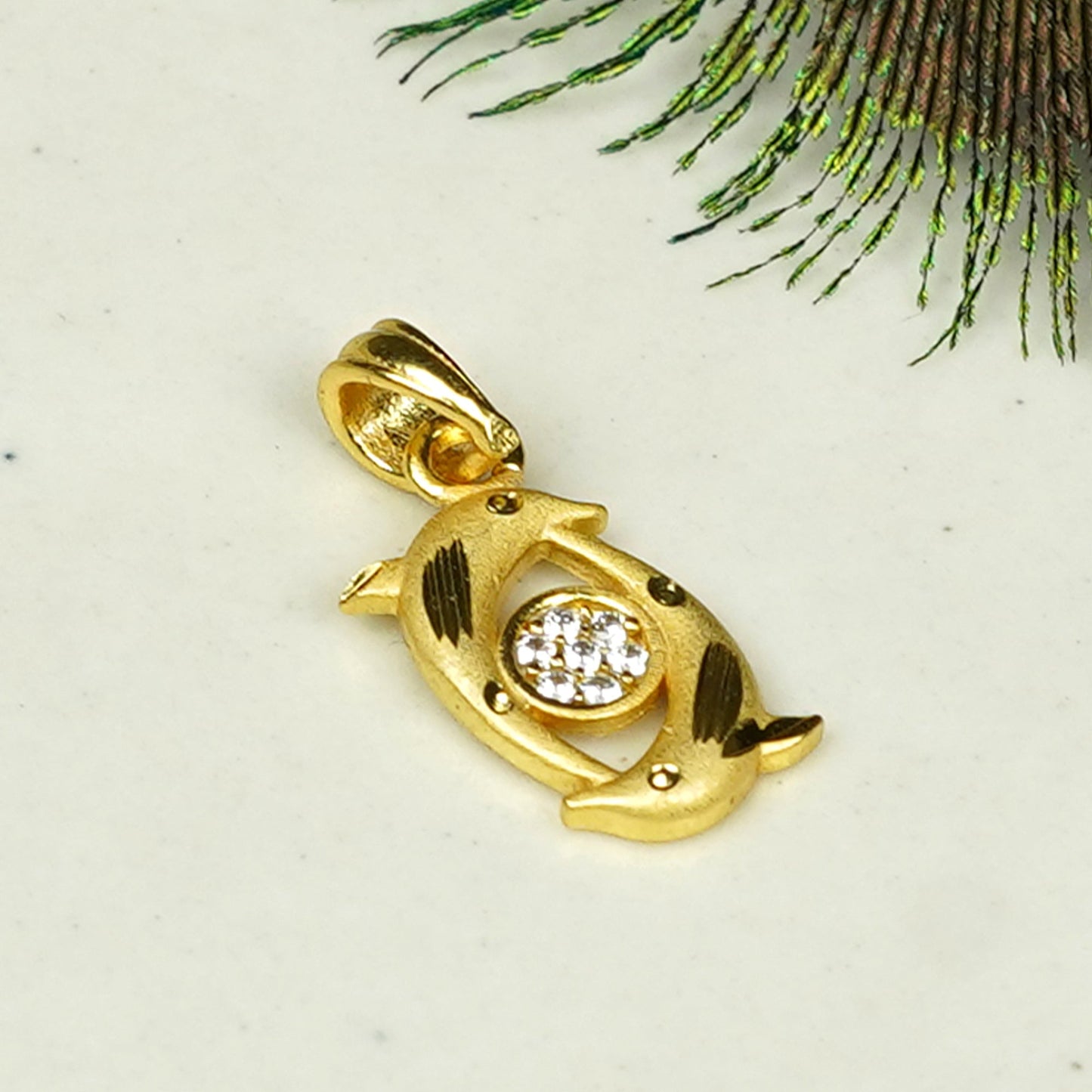 Zevar Club 18K Gold Plated Double Dolphin Design Pendant with White Cubic Zirconia Stone for Women