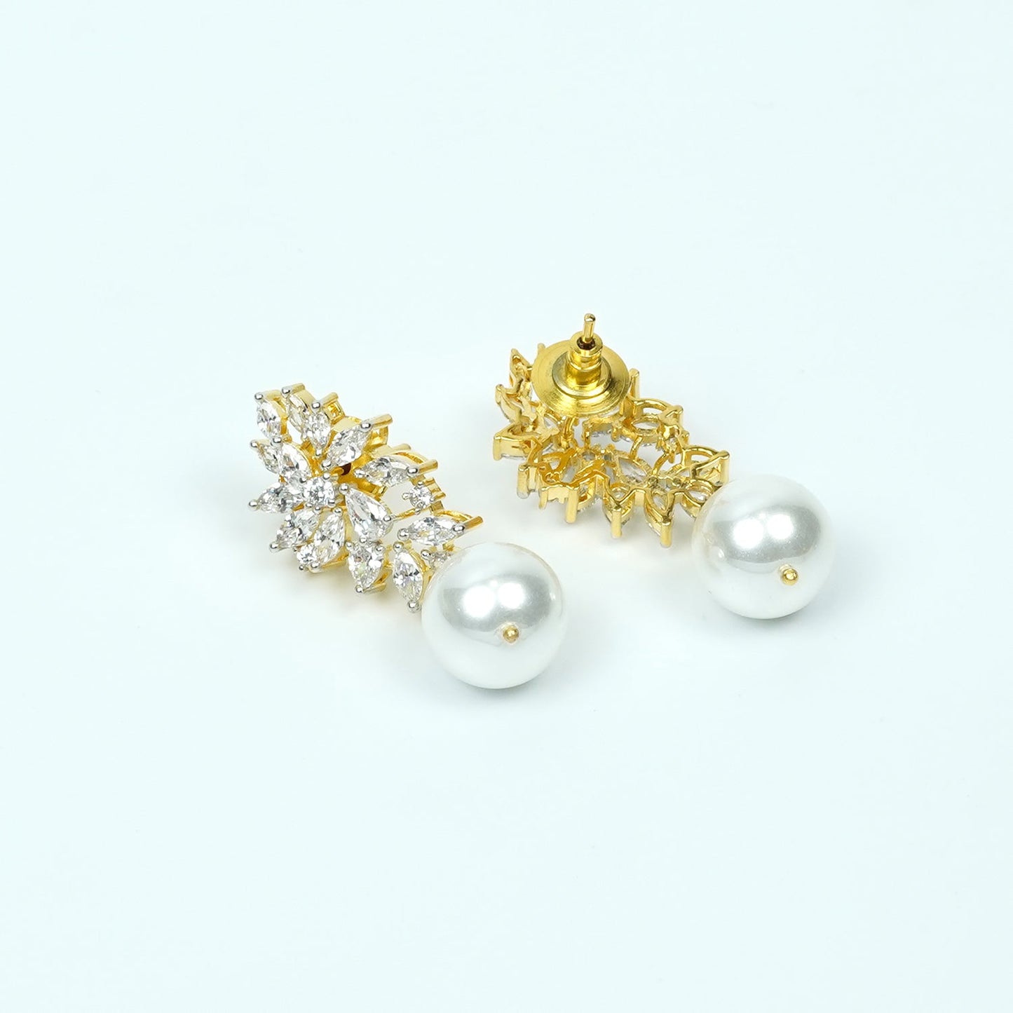 Zevar Club 22K Gold-Plated Handcrafted Cubic Zirconia & Pearl Studded Leaf Design Earrings