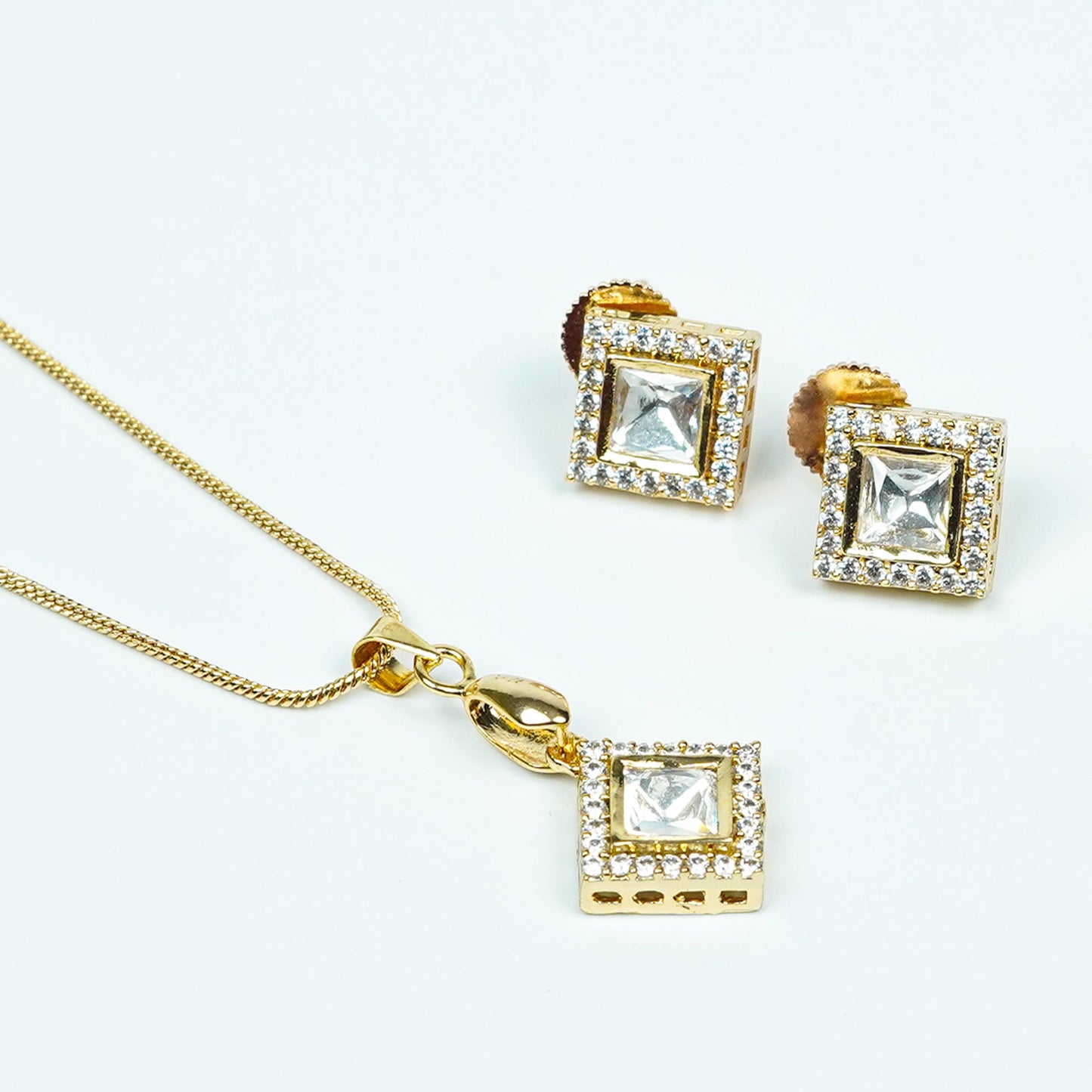 Zevar Club 22K Gold-Plated Diamond-Shaped Cubic Zirconia Studded Pendant Necklace Set for Women