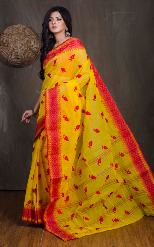 Bengal Handloom Cotton Saree with Leaf Motif Embroidery Work in Yellow and Red