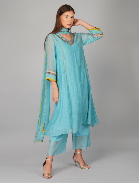 Sequin Flower Turquoise Blue Kurta Set