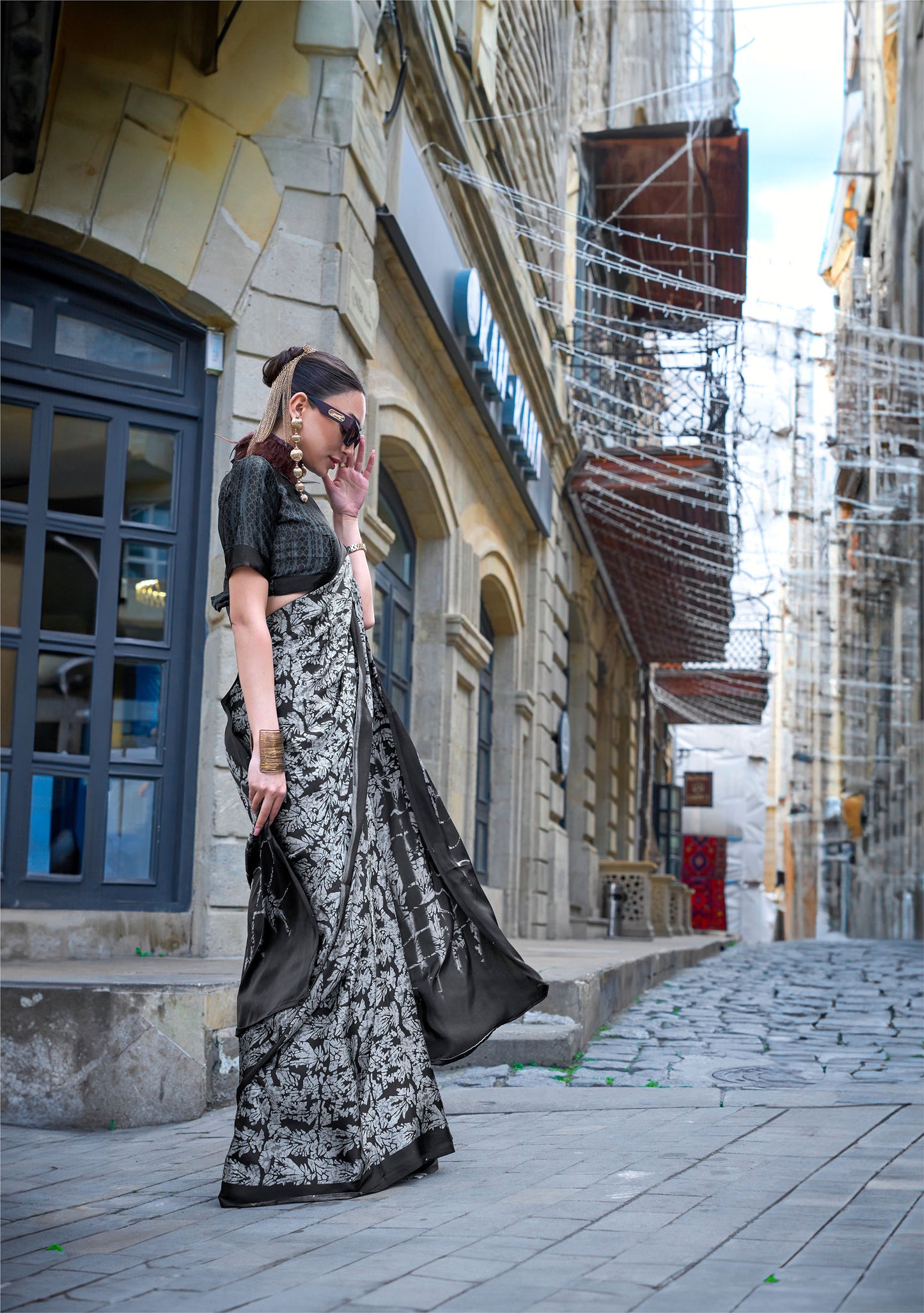 Black Silver Kazule Contemporary Satin Crepe Saree
