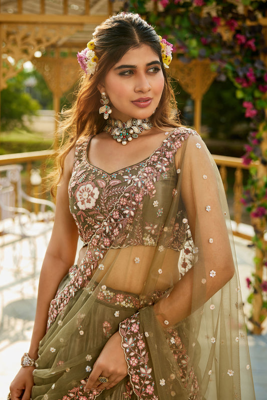 Olive colour Satin Sequins embroidery Lehenga choli & Dupatta