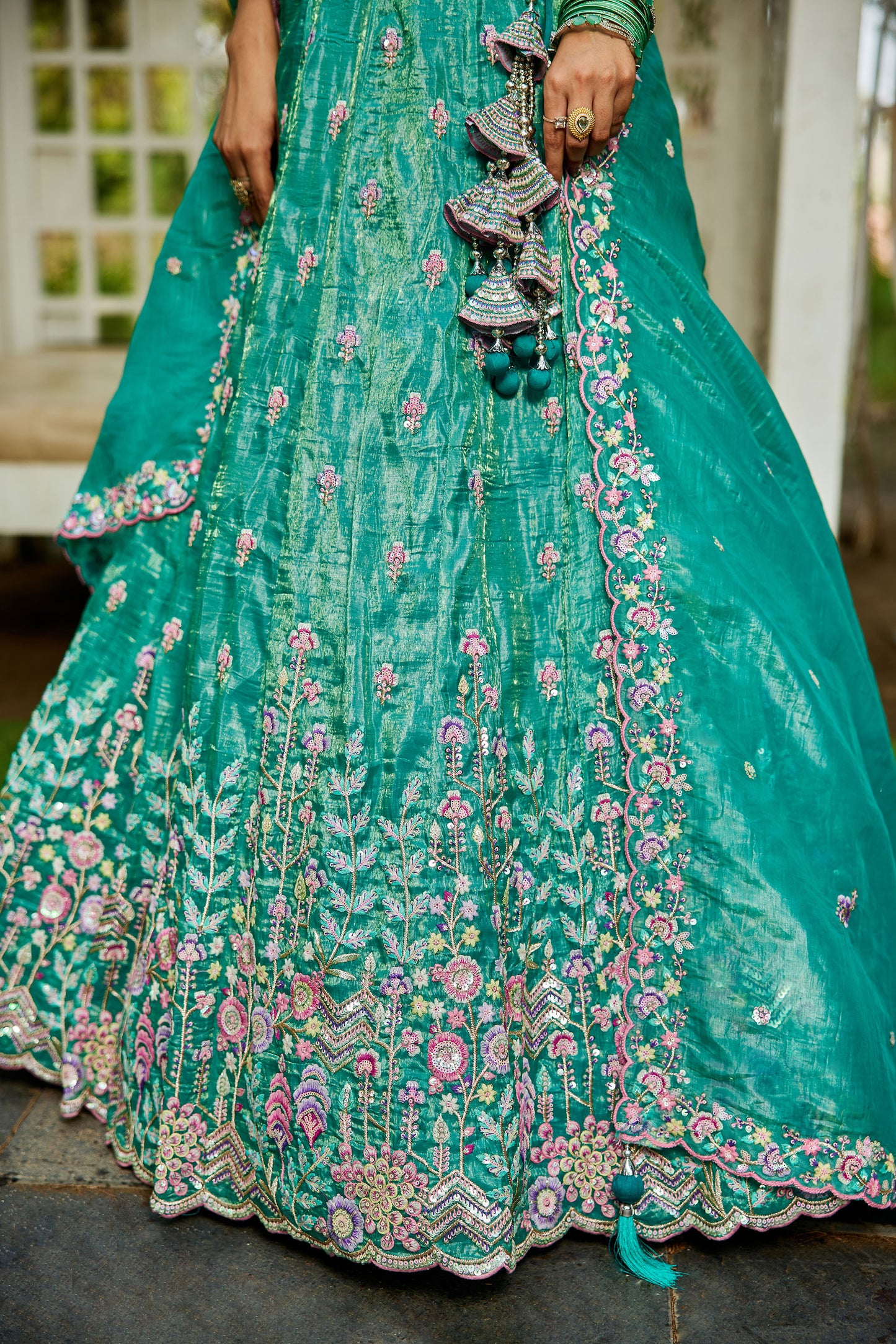 Sea green colour Tissue Sequins embroidery Lehenga choli & Dupatta