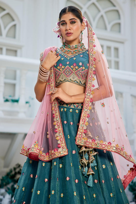 Teal colour Tissue Sequinse embroidery Lehenga choli & Dupatta