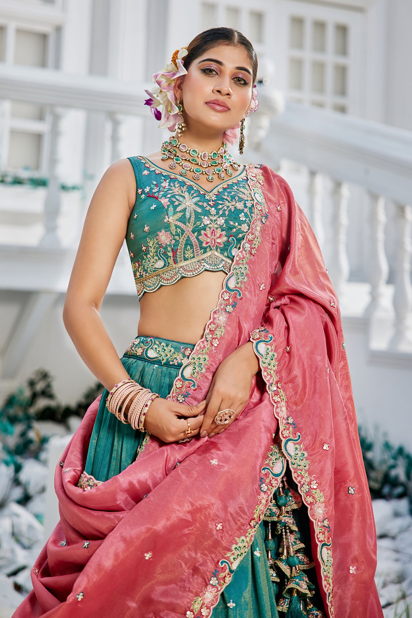 Sea Green colour Satin Sequins embroidery Lehenga choli & Dupatta