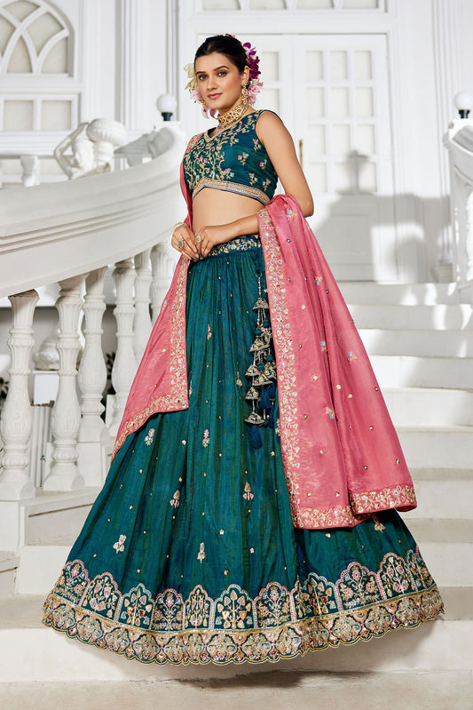 Teal colour Satin Sequins embroidery Lehenga choli & Dupatta