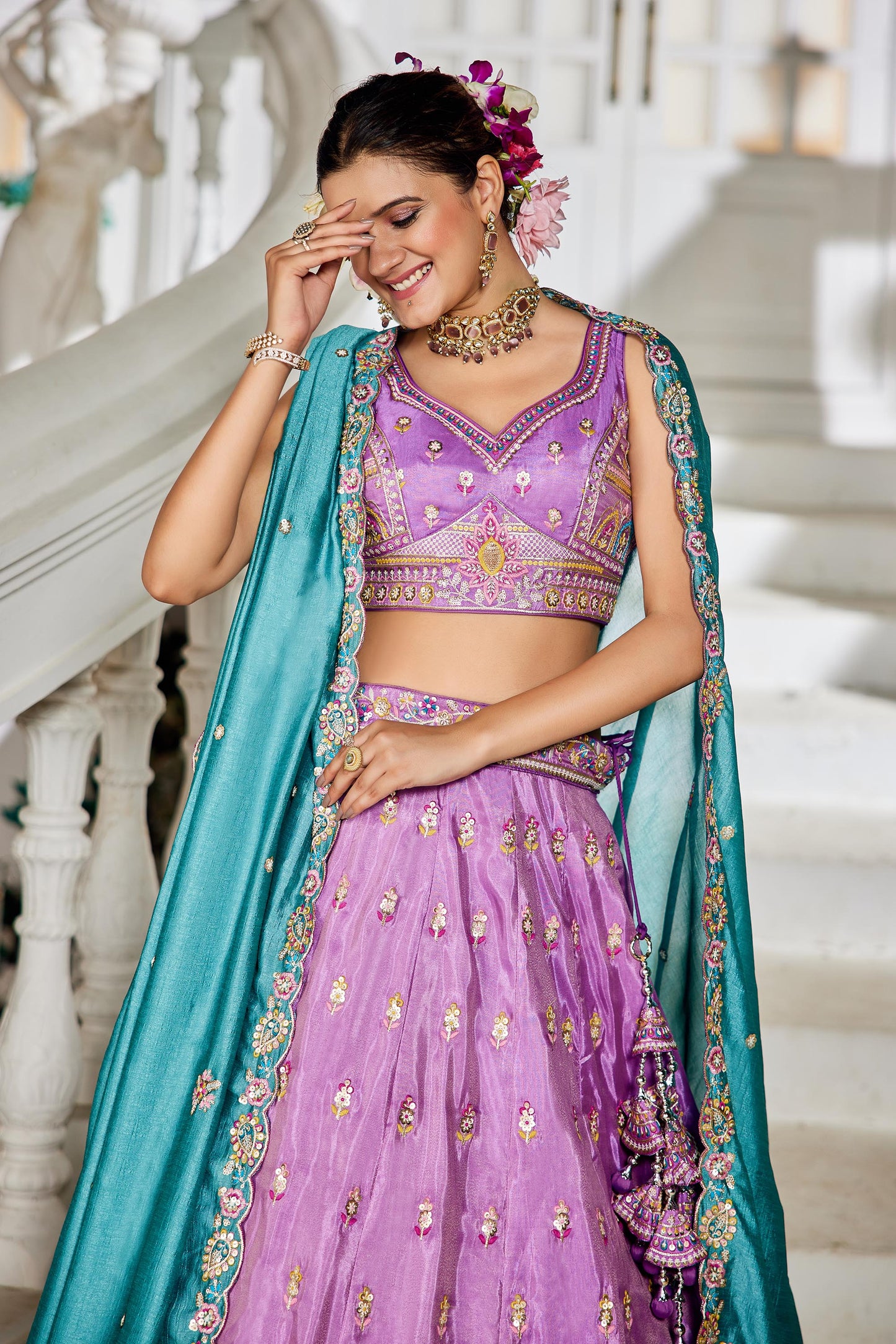 Lavender colour Tissue Sequinse embroidery Lehenga choli & Dupatta