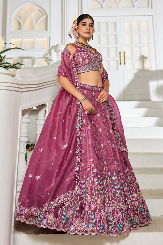 Burgundy colour Tissue Sequins embroidery Lehenga choli & Dupatta