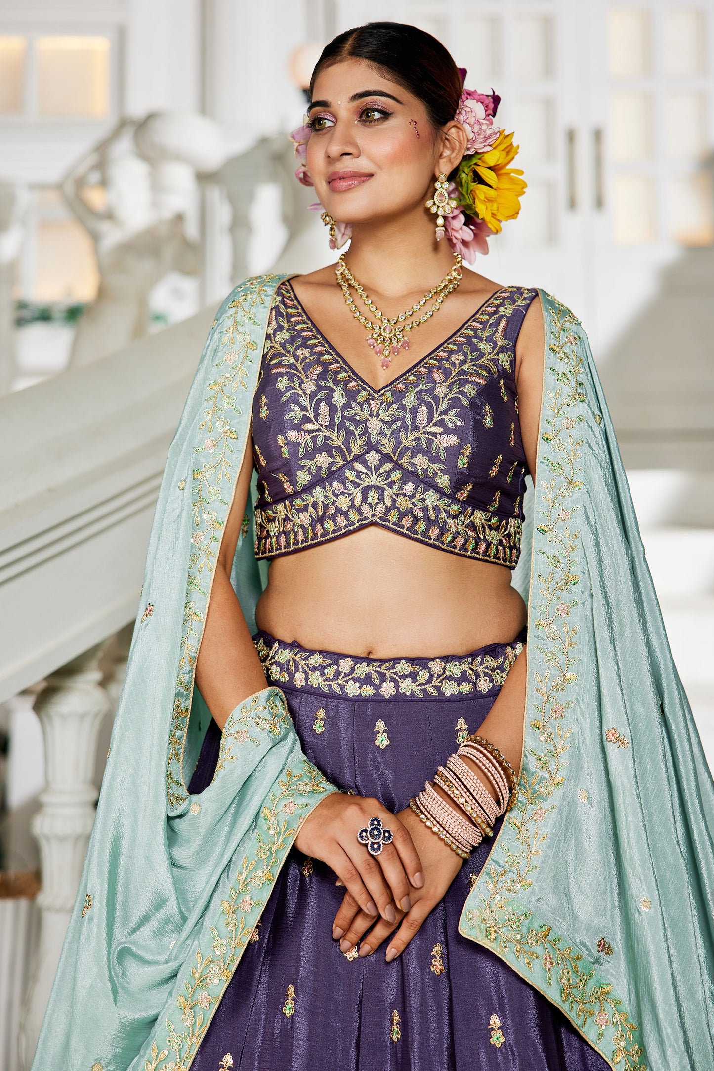 Violet colour Chiffon Sequins embroidery Lehenga choli & Dupatta