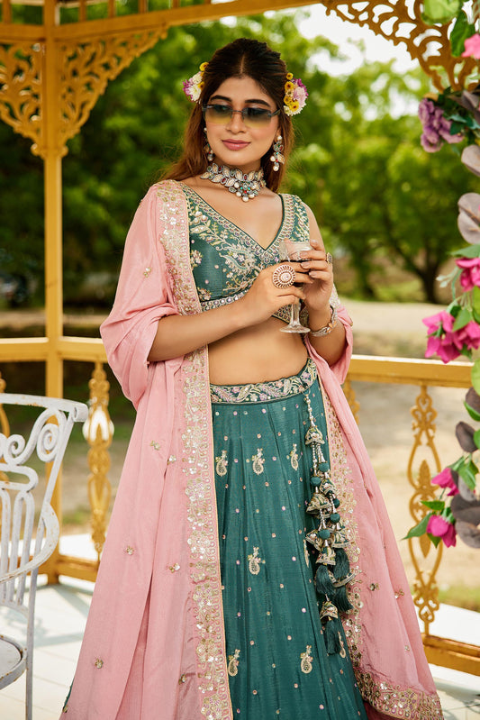 Teal colour Chinnon Sequinse embroidery Lehenga choli & Dupatta