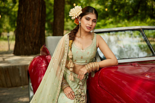 Lime Green colour Chinnon Sequins embroidery Lehenga choli & Dupatta