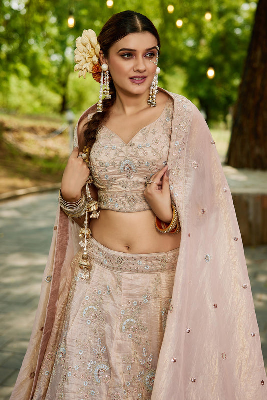Nude colour Tissue Sequinse embroidery Lehenga choli & Dupatta