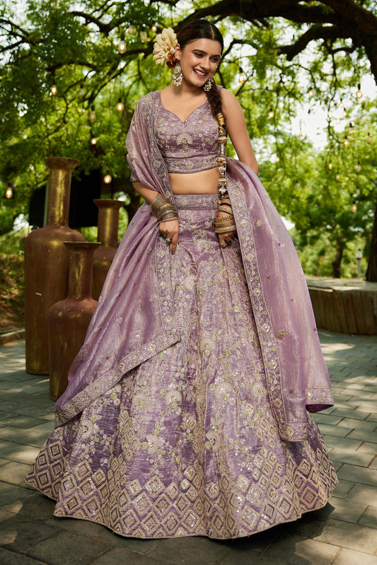 Lavender colour Tissue Sequinse embroidery Lehenga choli & Dupatta
