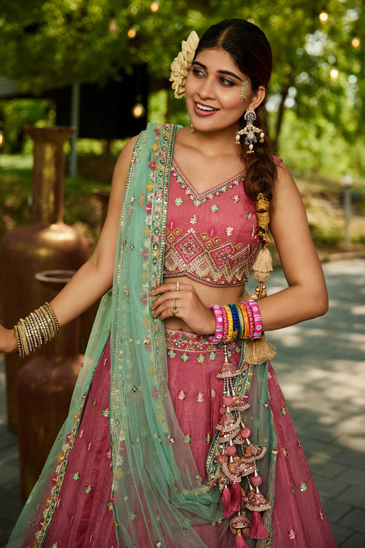 Pink colour Tissue Sequinse embroidery Lehenga choli & Dupatta