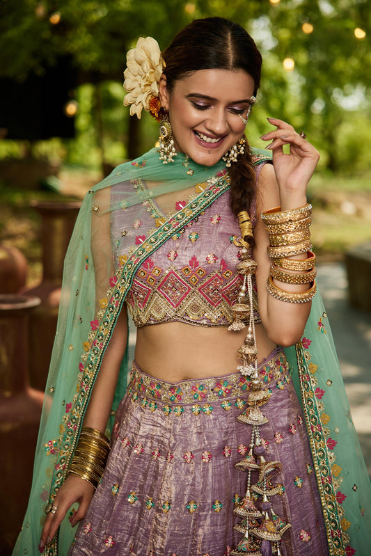 Lavender colour Tissue Sequinse embroidery Lehenga choli & Dupatta