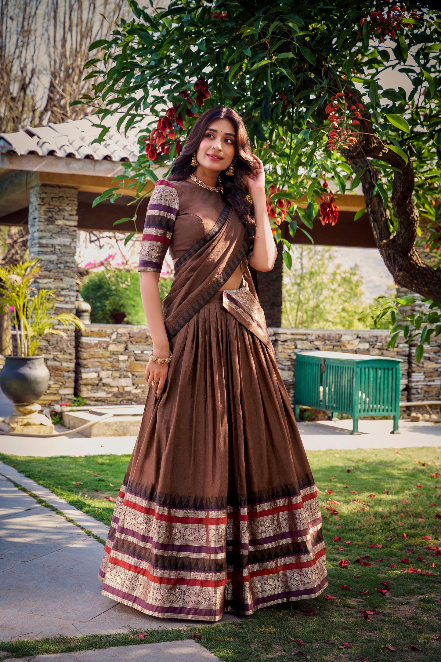 Brown Chanderi Zari Weaving Border Wedding Guest Lehenga