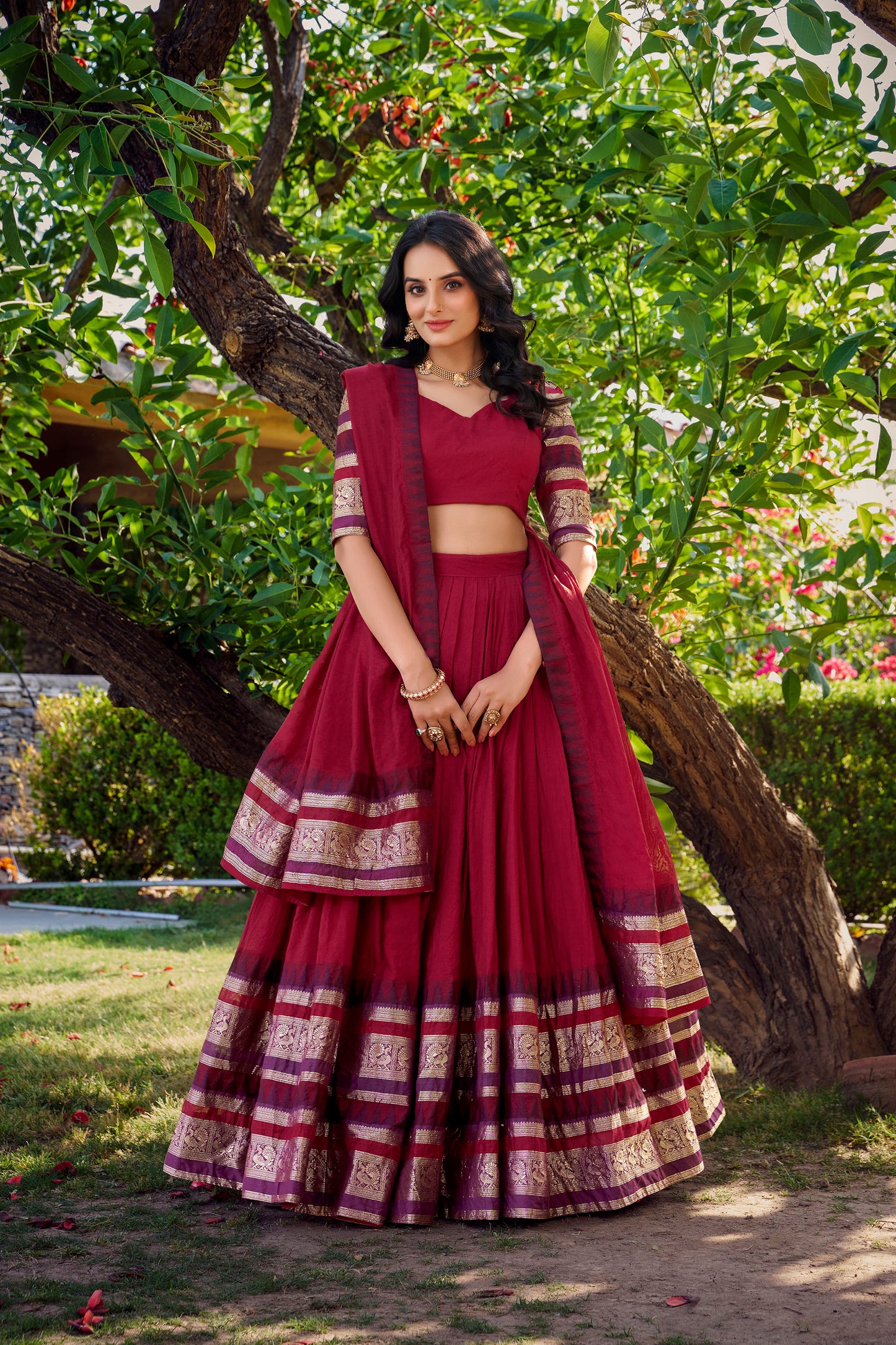 Red Chanderi Zari Weaving Border Wedding Guest Lehenga