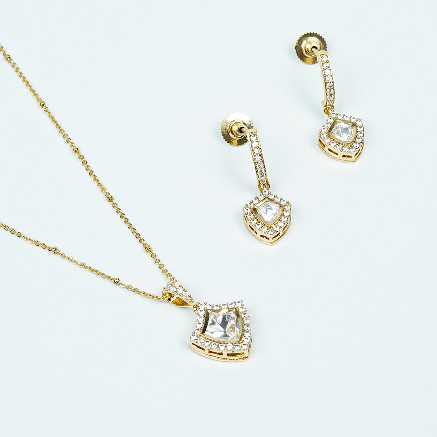 Zevar Club Women 22K Gold-Plated Cubic Zirconia Studded Angular Statement Pendant Necklace Set