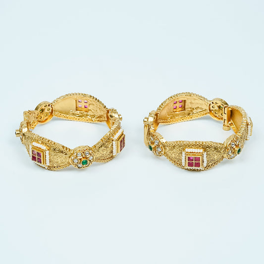 Zevar Club Set of 2 22K Gold-Plated Handcrafted Bangles with Ruby Emerald Kundan & Textured Floral Design