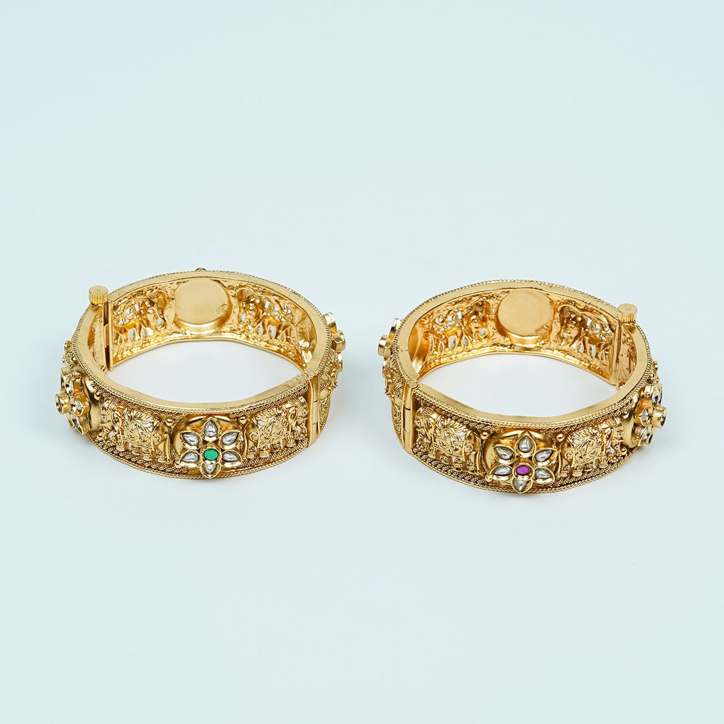 Zevar Club Set of 2 22K Gold-Plated Handcrafted Rajwadi Bangles with Emerald Green Kundan Studded Floral & Elephant Motifs