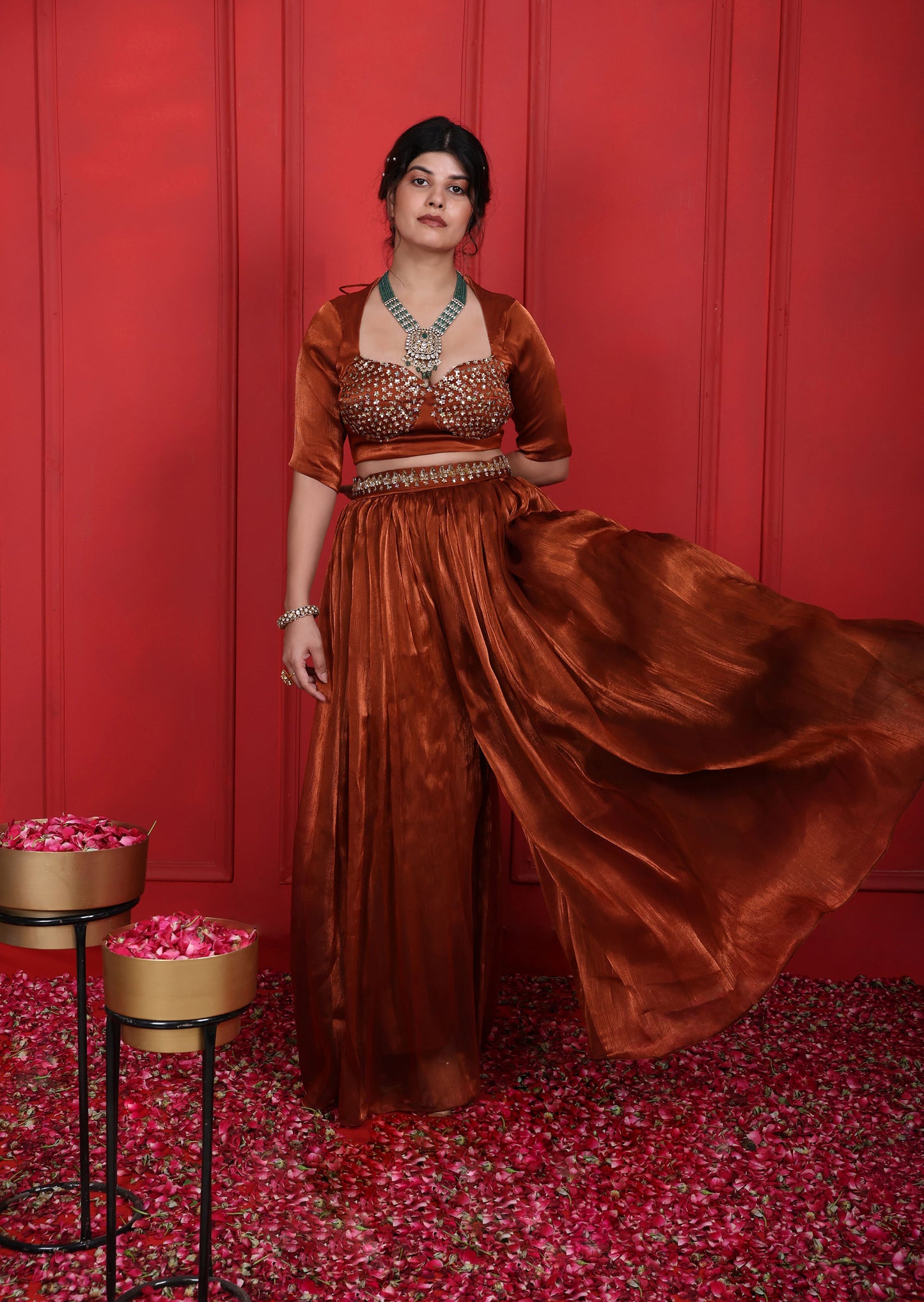 Rust Brown Hand Embroidered Blouse And Flared Pants