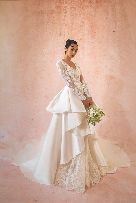 White Christian Wedding Skirt with Lace Embroidery Border