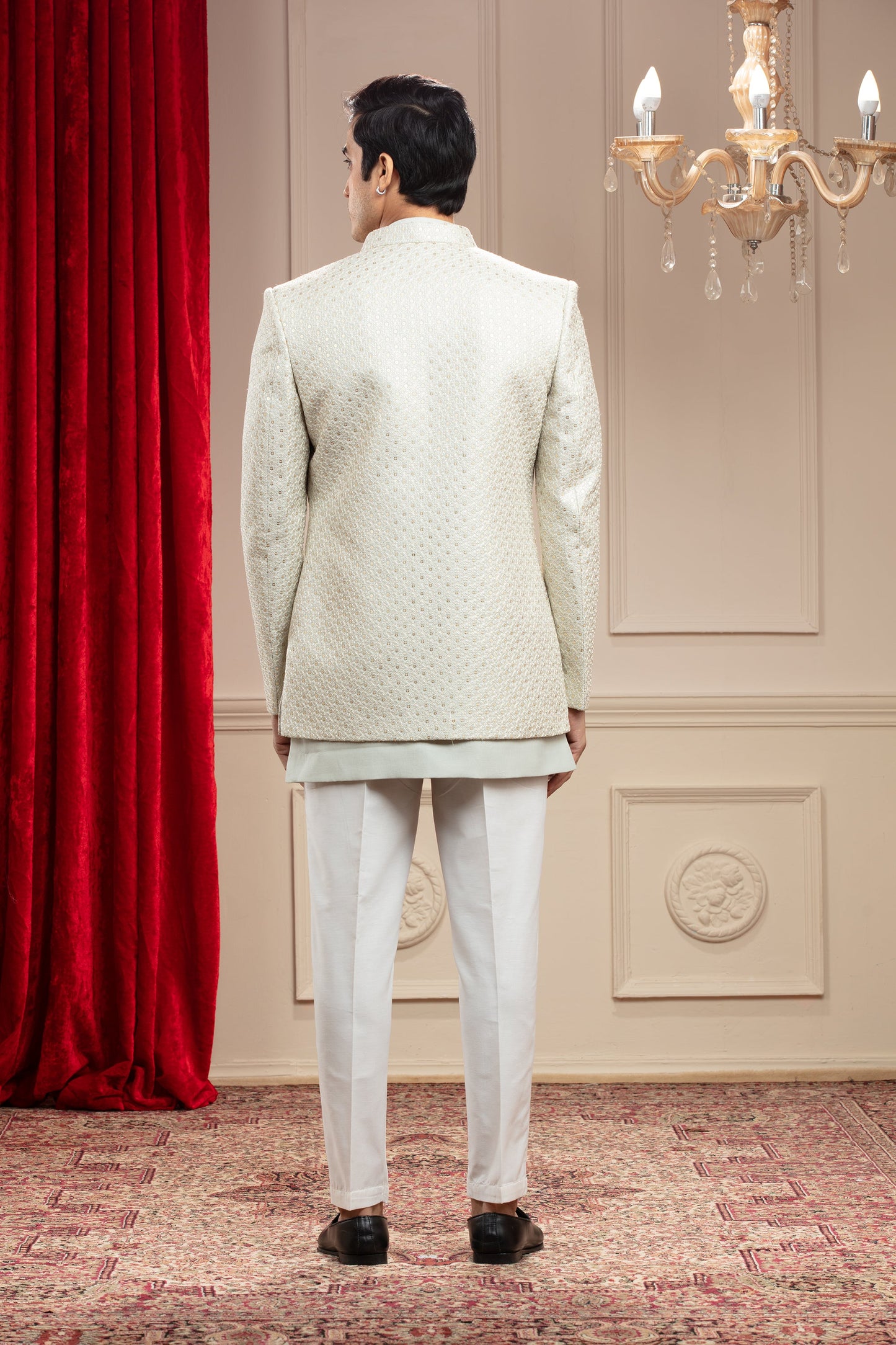 Pista Green lucknowi Open Jodhpuri Set with sequins