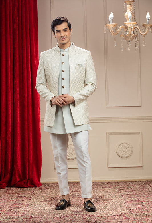 Pista Green lucknowi Open Jodhpuri Set with sequins