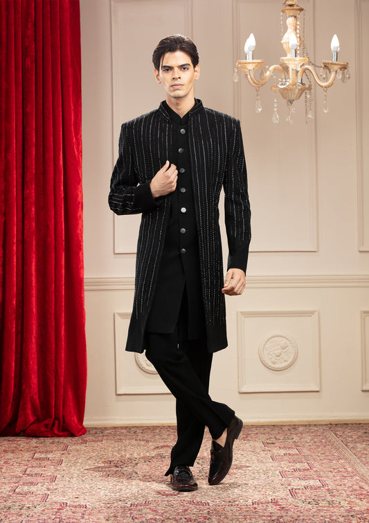 Charcoal Black Open Indo Western Set with Kardana work