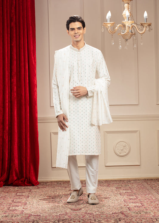 Milky White Banarasi Silk Kurta-Pajama Set with Dupatta