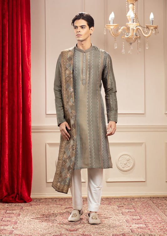 Mehendi Green Printed Banarasi kurta pajama Set with Matching Dupatta